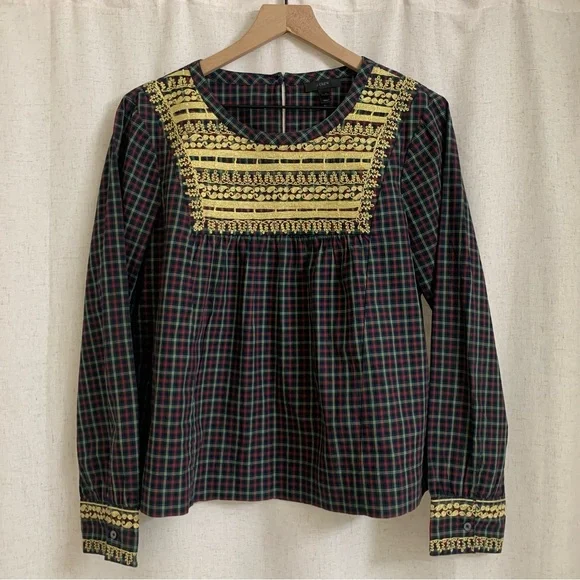J. Crew Holiday Tartan Plaid Embroidered Gold Popover Peasant Blouse Medium - Picture 1 of 7